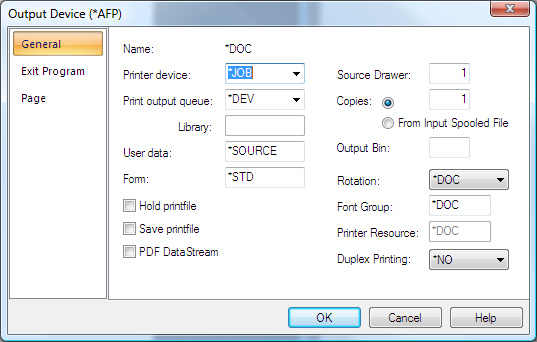 Print AFP Settings General tab